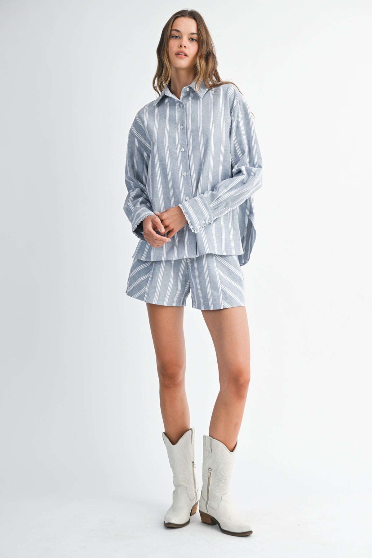 Pin Stripe Button Down Shorts Set