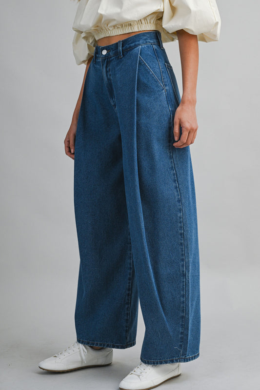 High-Rise Wide Leg Pleated Barrel Jeans