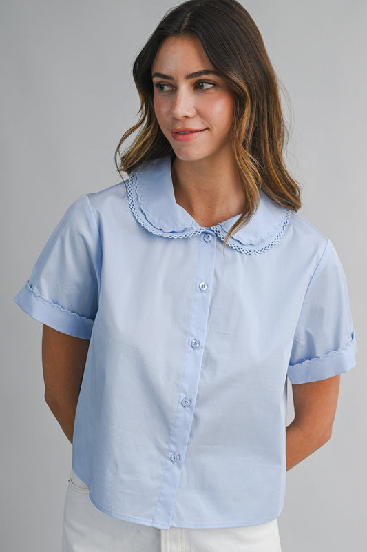Scallop Lace Collar Button Down Blouse