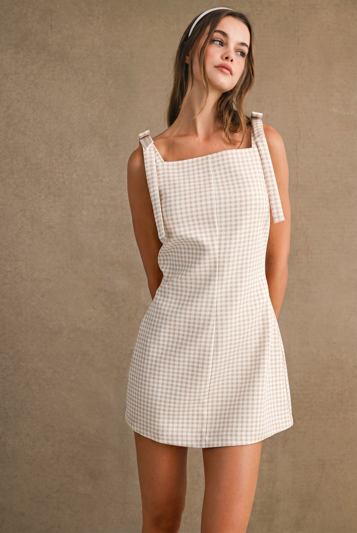 Gingham Shoulder Tie Mini Dress