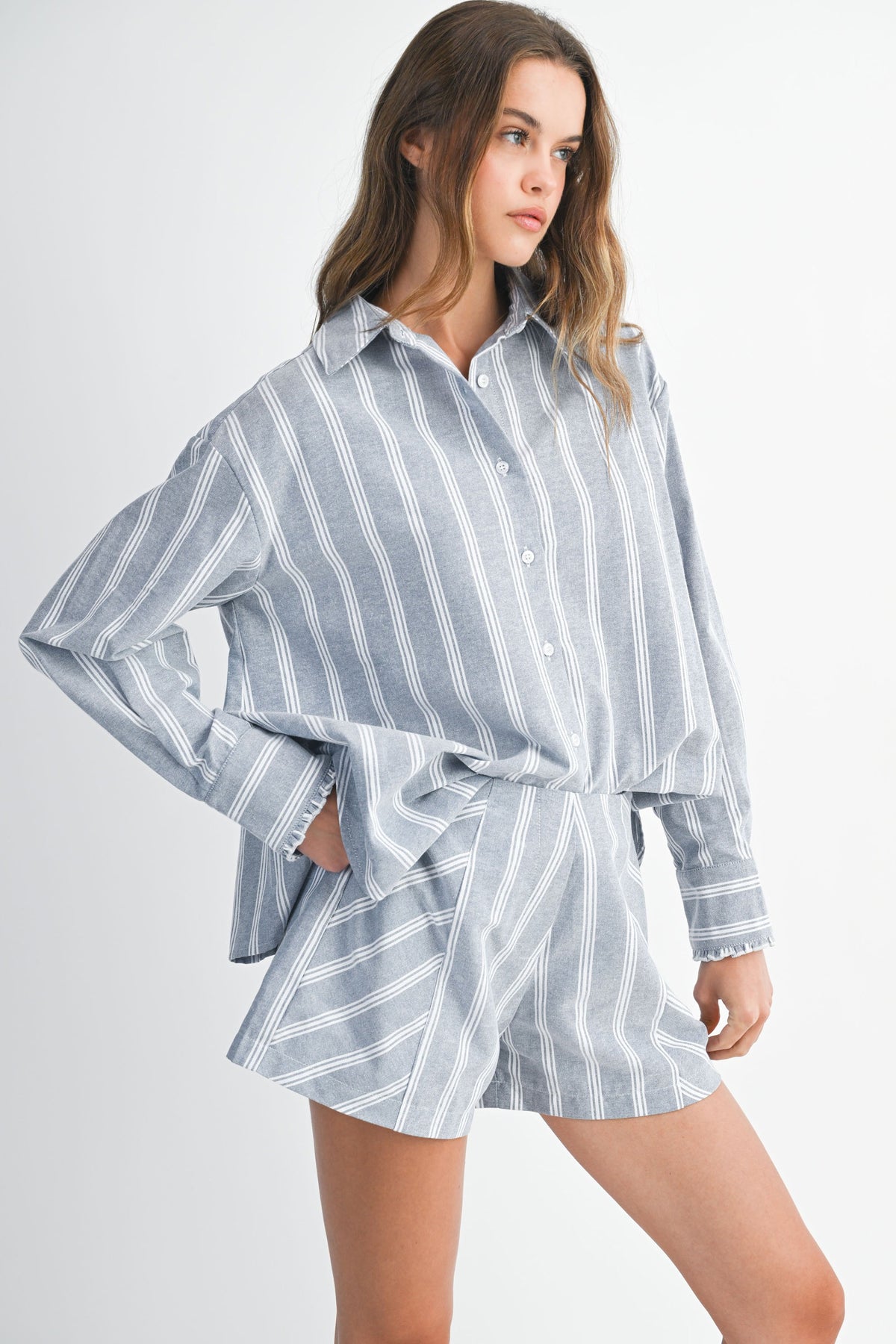 Pin Stripe Button Down Shorts Set