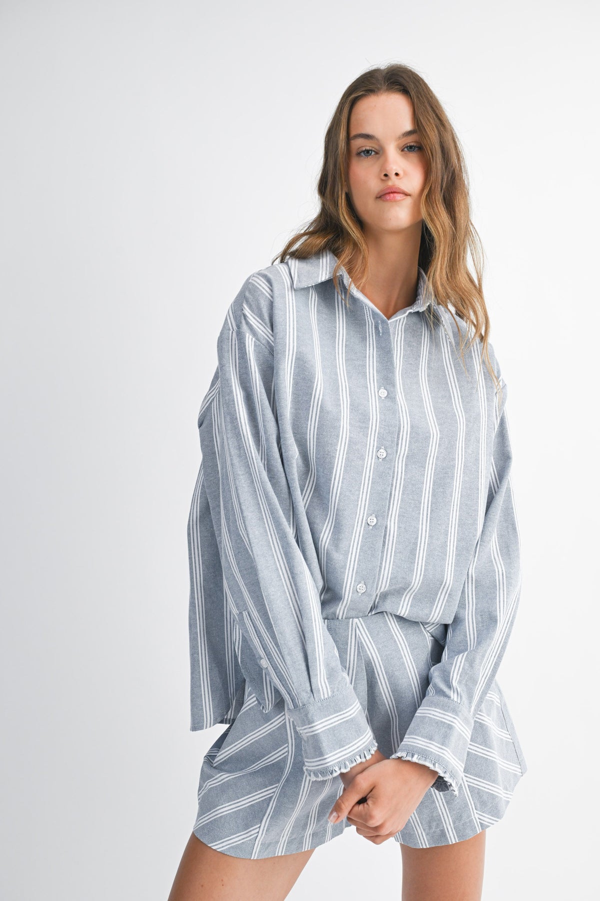 Pin Stripe Button Down Shorts Set