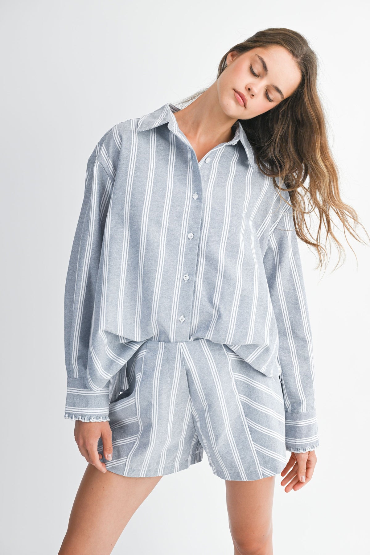Pin Stripe Button Down Shorts Set