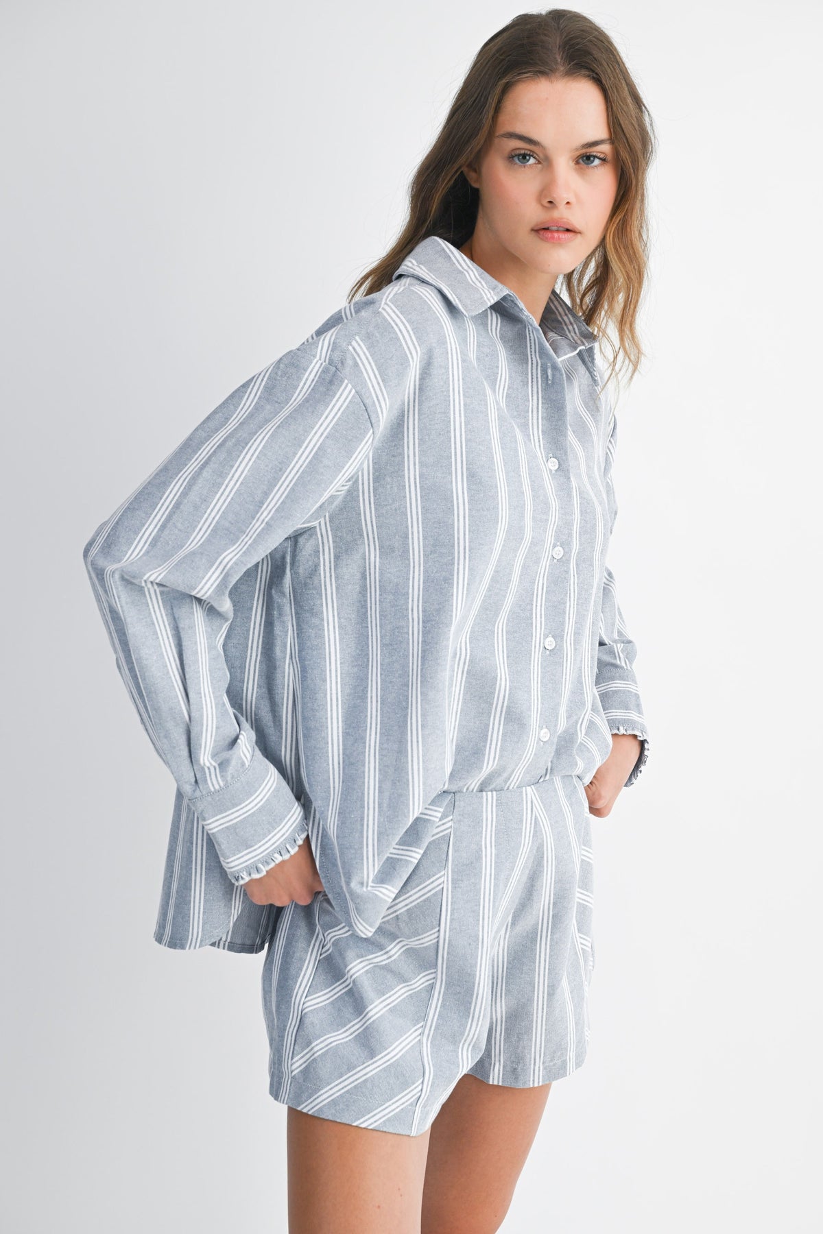 Pin Stripe Button Down Shorts Set