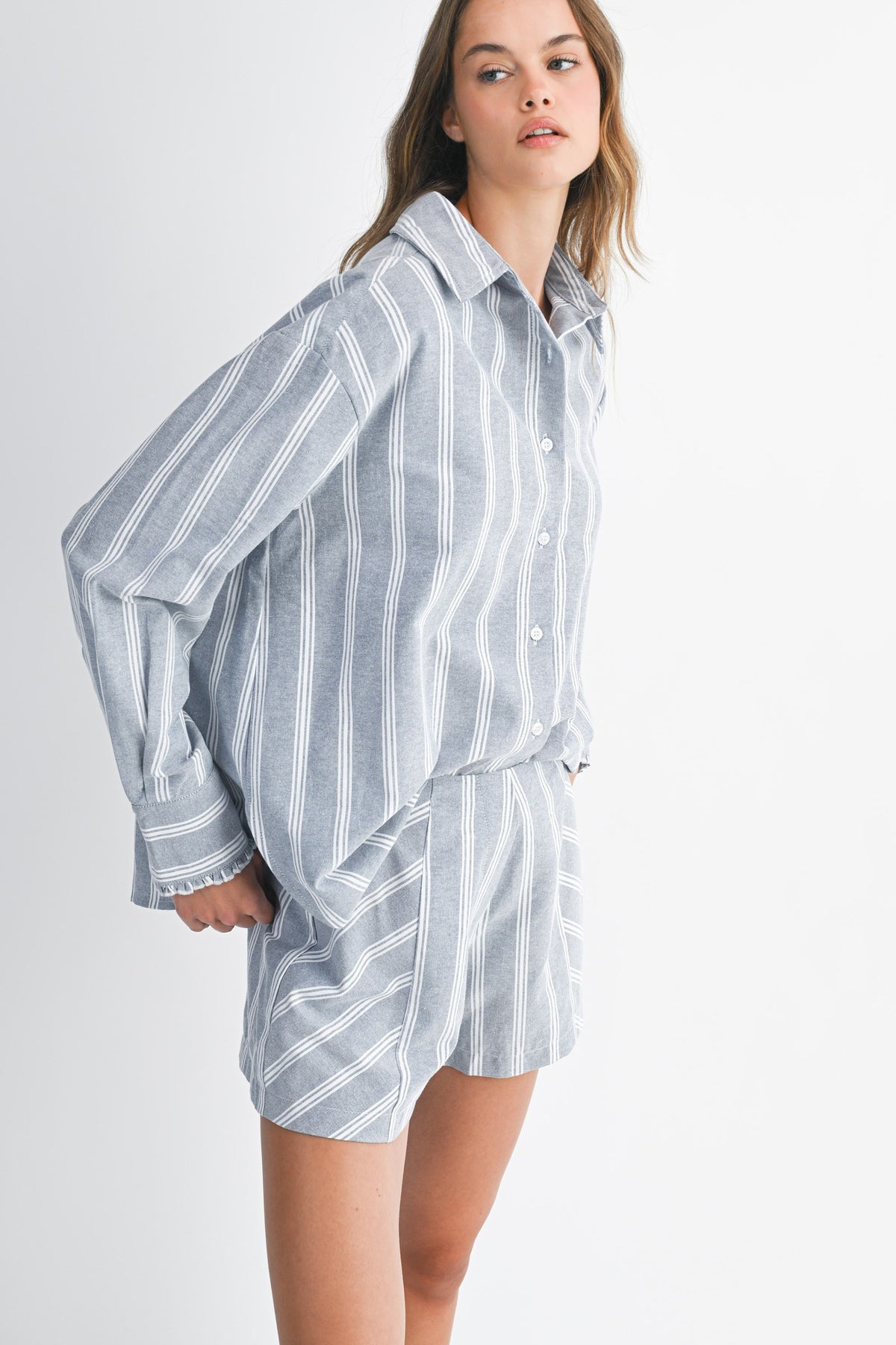 Pin Stripe Button Down Shorts Set