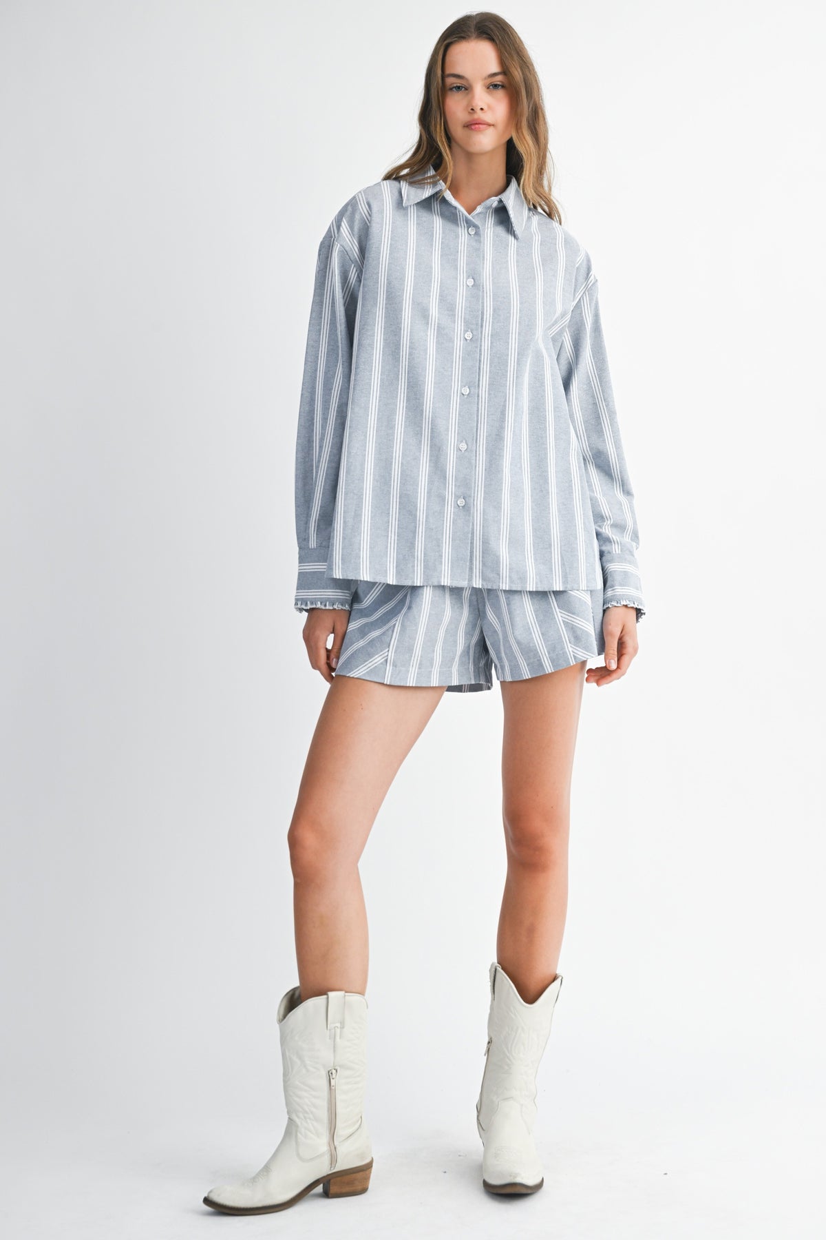 Pin Stripe Button Down Shorts Set