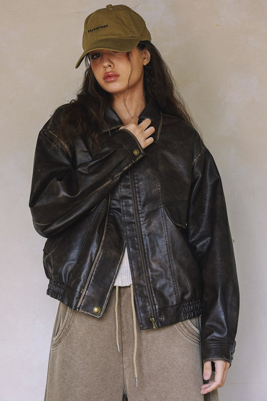 Oversized Faux Leather Bomber Jacket