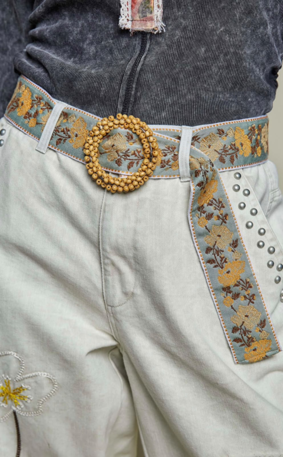 Blue/Yellow Floral Belt with Ornate Medallion Buckle