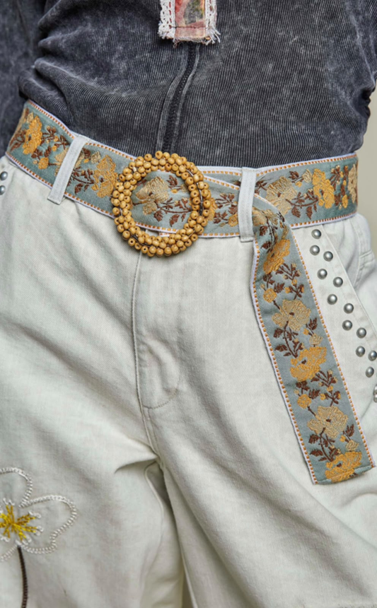 Blue/Yellow Floral Belt with Ornate Medallion Buckle