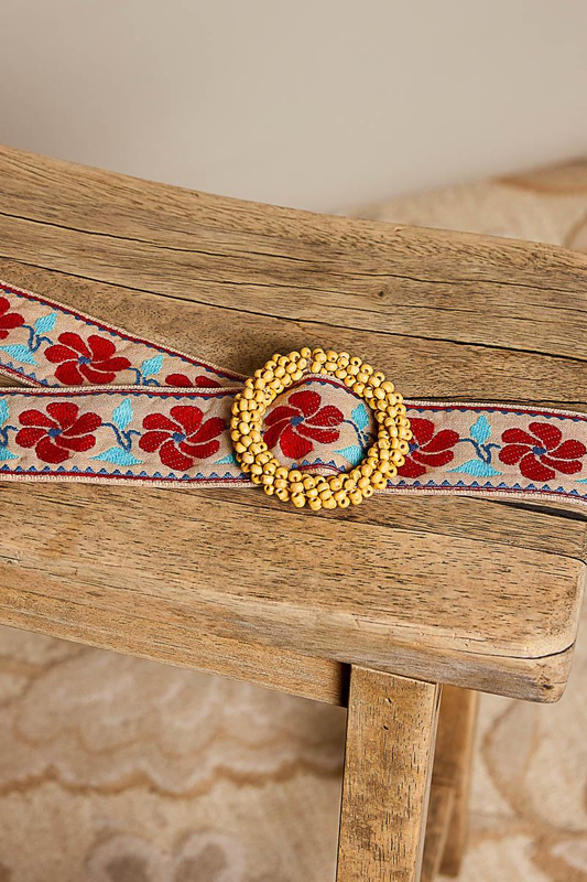 Embroidered Floral Belt with Ornate Medallion Buckle
